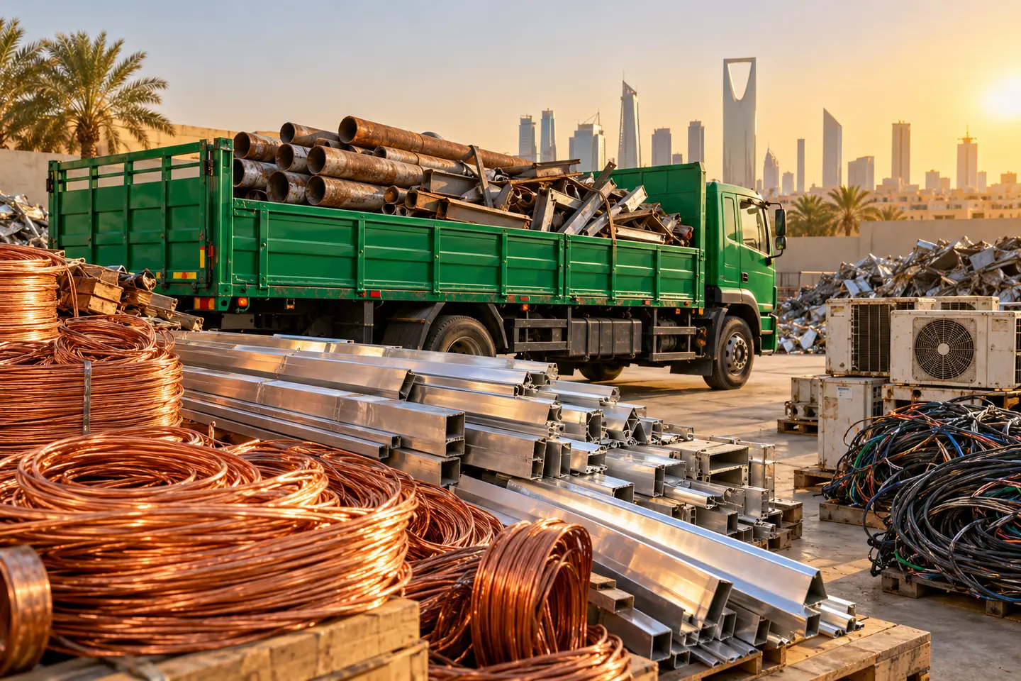 Illustrative scrap collection yard with a truck, copper, aluminum and equipment